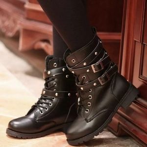 Black Lace-Up Belt Combat Boots - Gothic Punk